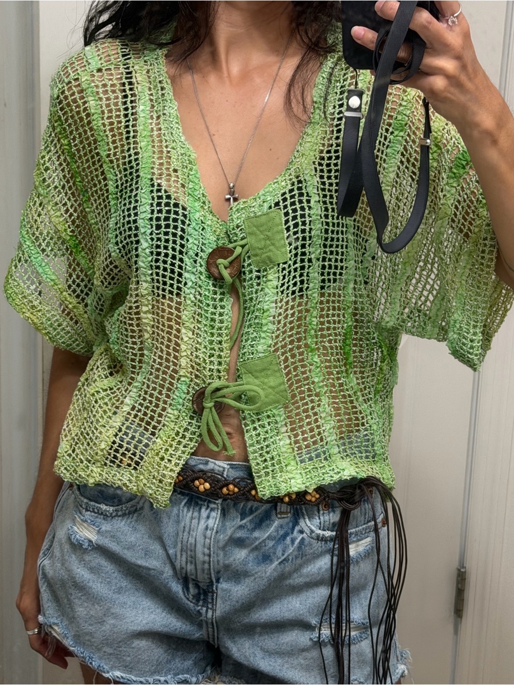 Lightweight Green Crochet Tie-Front Top